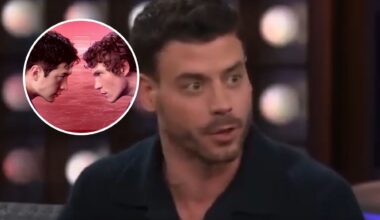 Francois Arnaud, with a photoshopped circle next to him containing the main characters of Heated Rivalry.