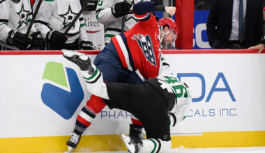 Washington Capitals right wing Brandon Duhaime, top, and Dallas Stars defenseman Ilya Lyubushkin (46) fight during the second period of an NHL hockey game, Wednesday, Jan. 7, 2026, in Washington. (AP Photo/Nick Wass)