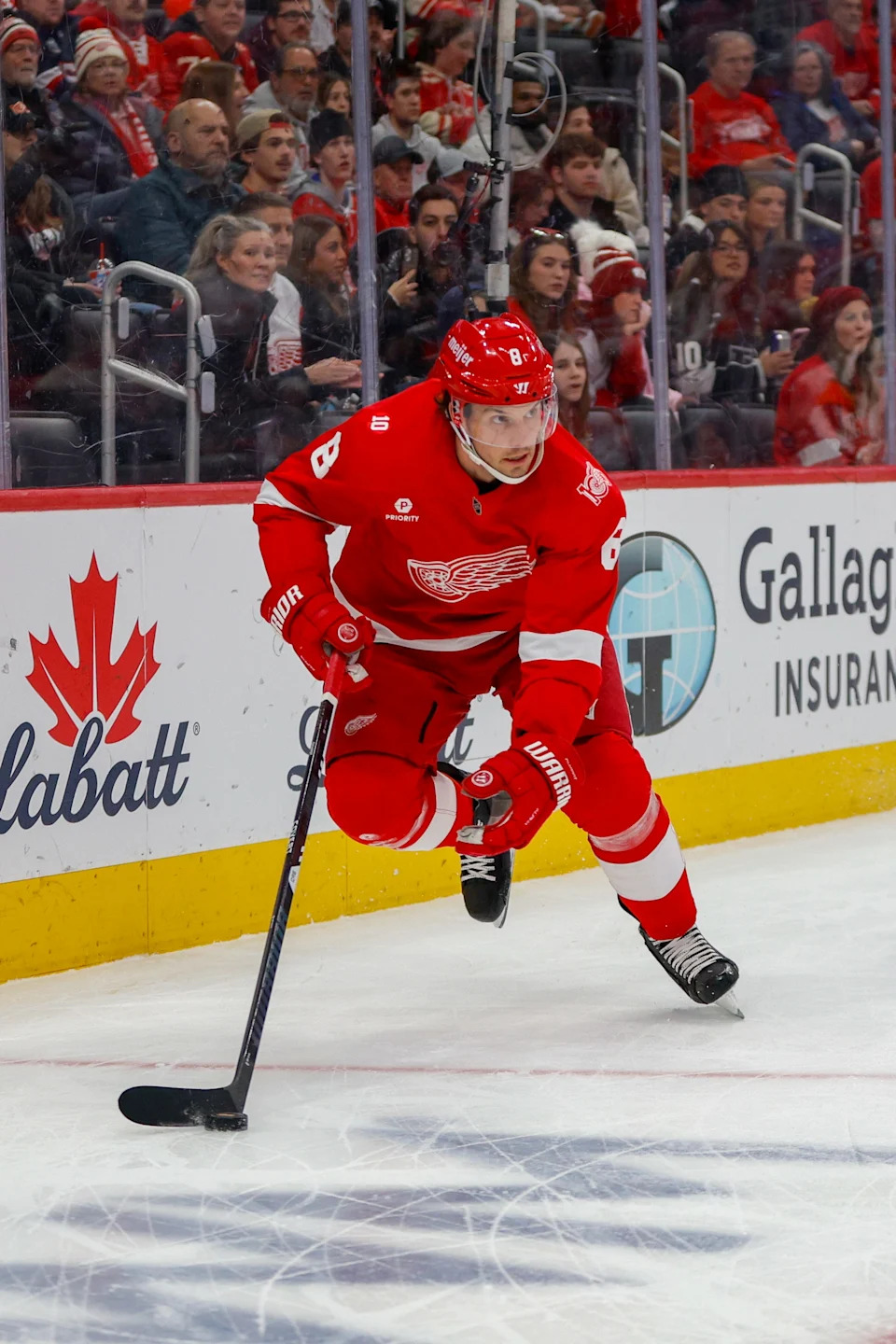 Detroit Red Wings defenseman Ben Chiarot (8) handles the puck during the second period against the Los Angeles Kings at Little Caesars Arena in Detroit on Tuesday, Jan. 27, 2026.