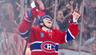 Cole Caufield (13) celebrates after scoring a goal against the Vegas Golden Knights during the second period at the Bell Centre.
