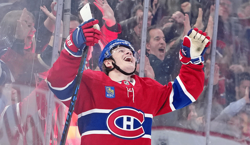 Cole Caufield (13) celebrates after scoring a goal against the Vegas Golden Knights during the second period at the Bell Centre.