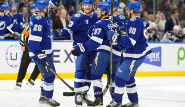 Tampa Bay Lightning defenseman Darren Raddysh (43, second from left) celebrates his goal against the Winnipeg Jets with teammates, including center Zemgus Girgensons (28), center Yanni Gourde (37) and defenseman J.J. Moser (90) during the second period of an NHL hockey game Thursday, Jan. 29, 2026, in Tampa, Fla. (AP Photo/Chris O
