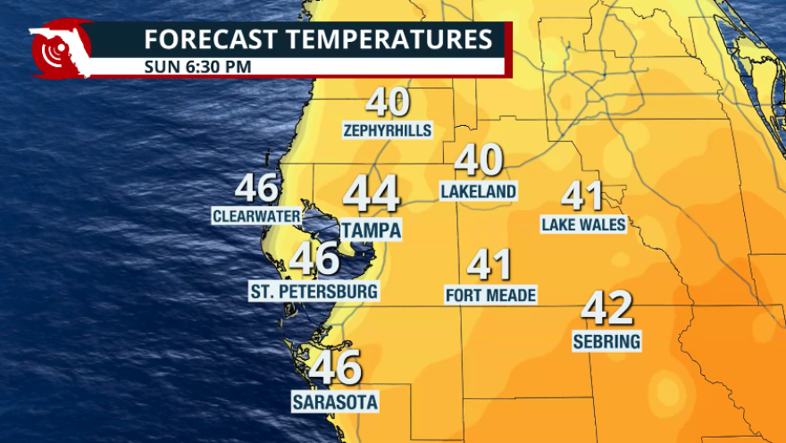 Map of the Tampa Bay area shows estimated temperatures in the 40s as of Sunday at 6:30 p.m.