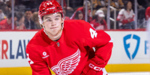 Axel Sandin-Pellikka skating for the Detroit Red Wings