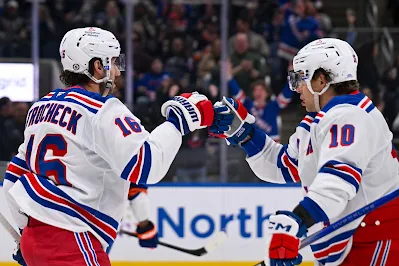 New York Rangers forwards Vincent Trocheck & Artemi Panarin celebrate goal during 2025 game.