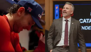 Martin St-Louis shares a special locker room moment with Jakub Dobes after 7-3 win vs. Avalanche