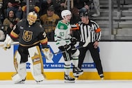 Dallas Stars center Wyatt Johnston (53) celebrates after scoring against the Vegas Golden...