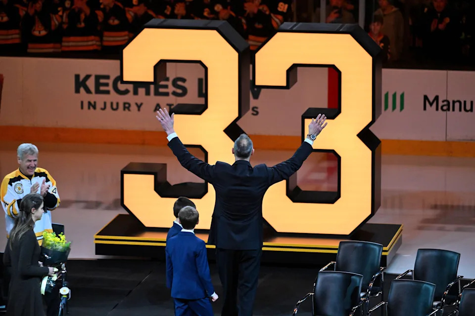 Former Bruins captain Zdeno Chara is introduced at a ceremony to retire his number before a game between Boston and the Seattle Kraken at TD Garden on Thursday, Jan. 15.