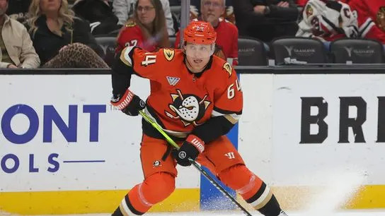 #64 C Mikael Granlund of the Anaheim Ducks skates with the puck during an NHL game against the Chicago Blackhawks on December 7, 2025 in Anaheim, CA.