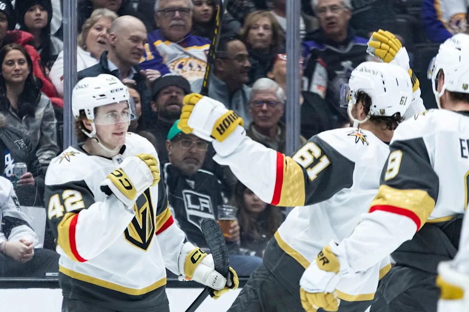 Vegas Golden Knights right wing Braeden Bowman (42) celebrates after a goal during an NHL match against the Los Angeles Kings on January 14, 2025 in Los Angeles, Calif.
