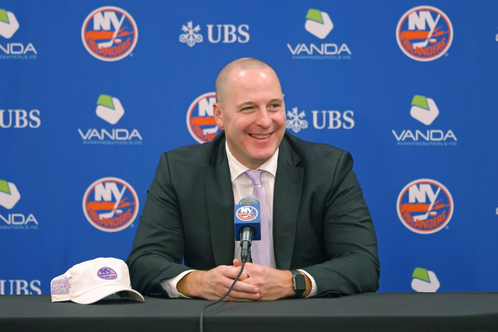 New York Islanders GM Mathieu Darche speaks at a press conference when the New York Islanders played the Saturday, November 22, 2025 at UBS Arena in Elmont, NY. 