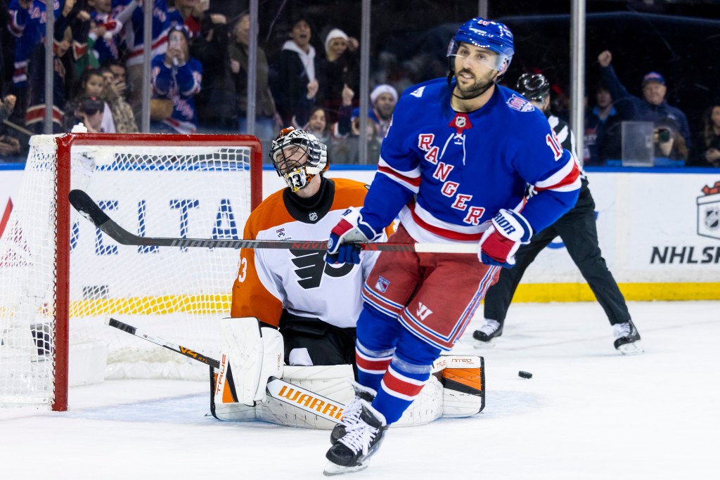 Philadelphia Flyers goaltender Samuel Ersson (33) reacts after New York Rangers center Vincent Trocheck (16) scores a goal in a shootout at Madison Square Garden, Saturday, Dec. 20, 2025, in New York, NY.