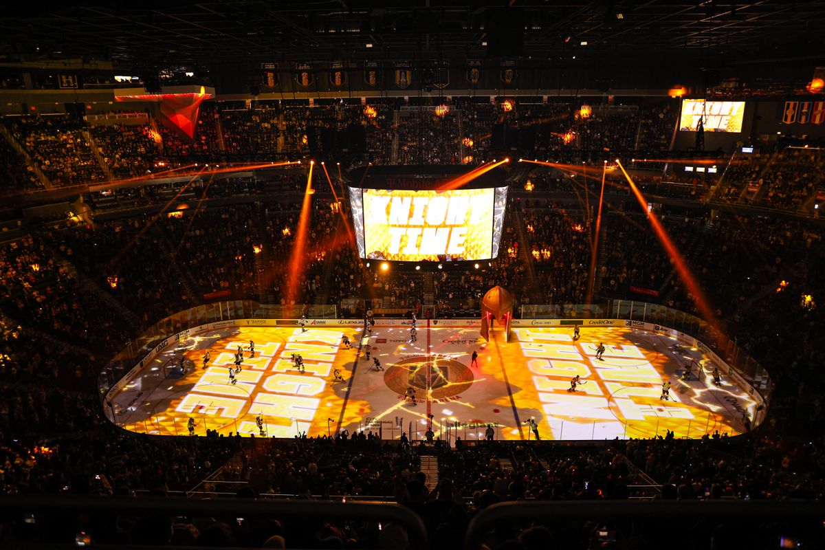 The Vegas Golden Knights and the Columbus Blue Jackets skate out prior to an NHL game on Thursday January 8, 2026, in Las Vegas, Nevada. 