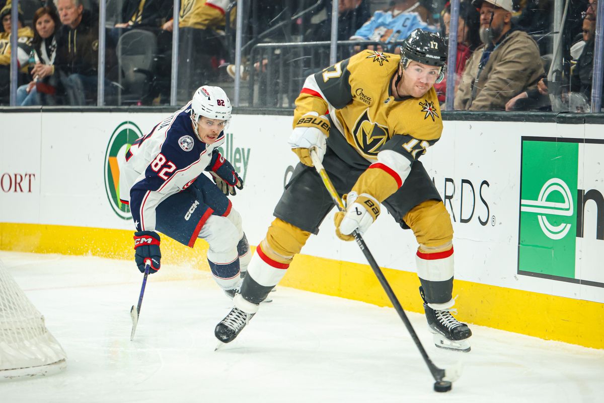 Vegas Golden Knights D Ben Hutton (17) plays the puck during an NHL game against the Columbus Blue Jackets on Thursday January 8, 2026, in Las Vegas, Nevada. 