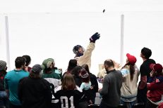 WASHINGTON DC, JANUARY 18: Forward Laura Stacey (7) of the Montreal Victoire tosses a puck to the fans during warmups before the PWHL Takeover Tour game between the Montreal Victoire and New York Sirens on January 18, 2026 at Capital One Arena in Washington, DC. (Photo: Robert Raymer)