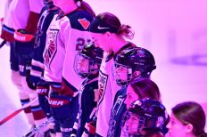 WASHINGTON DC, JANUARY 18: Washington, DC Native, Forward Hayley Scamurra (16) of the Montreal Victoire listens to the Canadian National Anthem prior tothe PWHL Takeover Tour game between the Montreal Victoire and New York Sirens on January 18, 2026 at Capital One Arena in Washington, DC. (Photo: Robert Raymer)