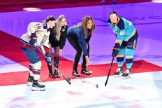 WASHINGTON DC, JANUARY 18: Ceremonial puck drop before the PWHL Takeover Tour game between the Montreal Victoire and New York Sirens on January 18, 2026 at Capital One Arena in Washington, DC. (Photo: Robert Raymer)