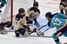 WASHINGTON DC, JANUARY 18: Defender Kati Tabin (9) of the Montreal Victoire blocks a shot in front of an empty net during the first period of the PWHL Takeover Tour game between the Montreal Victoire and New York Sirens on January 18, 2026 at Capital One Arena in Washington, DC. (Photo: Robert Raymer)
