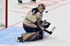 WASHINGTON DC, JANUARY 18: Goaltender Ann-Renee Desbiens (35) of the Montreal Victoire makes a save during the first period of the PWHL Takeover Tour game between the Montreal Victoire and New York Sirens on January 18, 2026 at Capital One Arena in Washington, DC. (Photo: Robert Raymer)