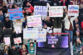 WASHINGTON DC, JANUARY 18: Fans of DC native Forward Hayley Scamurra (16) of the Montreal Victoire make their presence known at the PWHL Takeover Tour game between the Montreal Victoire and New York Sirens on January 18, 2026 at Capital One Arena in Washington, DC. (Photo: Robert Raymer)