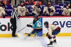 WASHINGTON DC, JANUARY 18: Forward Kristin O'Neill (43) of the New York Sirens stops hard after dumping the puck into the offensive zone during the first period of the PWHL Takeover Tour game between the Montreal Victoire and New York Sirens on January 18, 2026 at Capital One Arena in Washington, DC. (Photo: Robert Raymer)