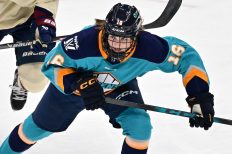 WASHINGTON DC, JANUARY 18: Defender Lauren Bernard (16) of the New York Sirens chases down a puck during the first period of the PWHL Takeover Tour game between the Montreal Victoire and New York Sirens on January 18, 2026 at Capital One Arena in Washington, DC. (Photo: Robert Raymer)