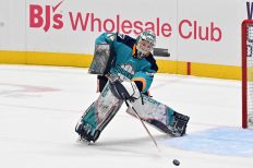 WASHINGTON DC, JANUARY 18: Goaltender Kayle Osborne (82) of the New York Sirens plays the puck up ice during the first period of the PWHL Takeover Tour game between the Montreal Victoire and New York Sirens on January 18, 2026 at Capital One Arena in Washington, DC. (Photo: Robert Raymer)