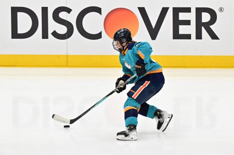 WASHINGTON DC, JANUARY 18: Defender Maja Nylen Persson (8) of the New York Sirens skates with the puck during the second period of the PWHL Takeover Tour game between the Montreal Victoire and New York Sirens on January 18, 2026 at Capital One Arena in Washington, DC. (Photo: Robert Raymer)