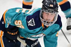 WASHINGTON DC, JANUARY 18: Forward Kristyna Kaltounkova (98) of the New York Sirens gets set for a face-off during the second period of the PWHL Takeover Tour game between the Montreal Victoire and New York Sirens on January 18, 2026 at Capital One Arena in Washington, DC. (Photo: Robert Raymer)