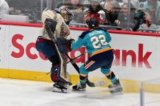 WASHINGTON DC, JANUARY 18: Forward Anna Bargman (22) of the New York Sirens pressures Goaltender Ann-Renee Desbiens (35) of the Montreal Victoire as she tries to play the puck behind the net during the second period of the PWHL Takeover Tour game between the Montreal Victoire and New York Sirens on January 18, 2026 at Capital One Arena in Washington, DC. (Photo: Robert Raymer)