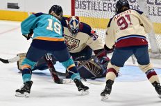 WASHINGTON DC, JANUARY 18: Goaltender Ann-Renee Desbiens (35) of the Montreal Victoire makes a stop on Forward Emmy Fecteau (29) of the New York Sirens during the second period ofthe PWHL Takeover Tour game between the Montreal Victoire and New York Sirens on January 18, 2026 at Capital One Arena in Washington, DC. (Photo: Robert Raymer)