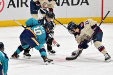 WASHINGTON DC, JANUARY 18: Forward Sarah Fillier (10) of the New York Sirens and Forward Abby Roque (11) of the Montreal Victoire face off during the second period of the PWHL Takeover Tour game between the Montreal Victoire and New York Sirens on January 18, 2026 at Capital One Arena in Washington, DC. (Photo: Robert Raymer)