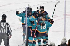 WASHINGTON DC, JANUARY 18: New York Sirens players celebrate after scoring what would be the game winning goal to go up 2-1 during the second period of the PWHL Takeover Tour game between the Montreal Victoire and New York Sirens on January 18, 2026 at Capital One Arena in Washington, DC. (Photo: Robert Raymer)