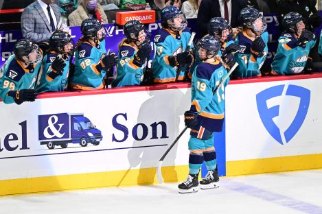 WASHINGTON DC, JANUARY 18: Forward Paetyn Levis (19) of the New York Sirens celebrates after scoring during the second period of the PWHL Takeover Tour game between the Montreal Victoire and New York Sirens on January 18, 2026 at Capital One Arena in Washington, DC. (Photo: Robert Raymer)
