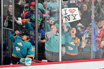 WASHINGTON DC, JANUARY 18: New York Sirens fans cheer after their team scores during the second period of the PWHL Takeover Tour game between the Montreal Victoire and New York Sirens on January 18, 2026 at Capital One Arena in Washington, DC. (Photo: Robert Raymer)