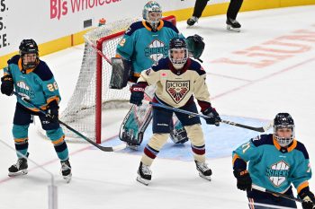WASHINGTON DC, JANUARY 18: Forward Hayley Scamurra (16) of the Montreal Victoire sets a screen in front of the New York Sirens net during the second period of the PWHL Takeover Tour game between the Montreal Victoire and New York Sirens on January 18, 2026 at Capital One Arena in Washington, DC. (Photo: Robert Raymer)
