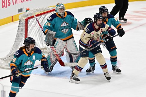 WASHINGTON DC, JANUARY 18: Forward Laura Stacey (7) of the Montreal Victoire sets a screen in front of the New York Sirens net during the second period of the PWHL Takeover Tour game between the Montreal Victoire and New York Sirens on January 18, 2026 at Capital One Arena in Washington, DC. (Photo: Robert Raymer)