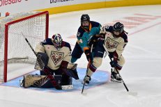 WASHINGTON DC, JANUARY 18: Goaltender Ann-Renee Desbiens (35) of the Montreal Victoire makes a save with traffic in front during the third period of the PWHL Takeover Tour game between the Montreal Victoire and New York Sirens on January 18, 2026 at Capital One Arena in Washington, DC. (Photo: Robert Raymer)