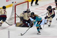 WASHINGTON DC, JANUARY 18: Forward Casey O'Brien (26) of the New York Sirens attempts a shot against Goaltender Ann-Renee Desbiens (35) of the Montreal Victoire during the third period of the PWHL Takeover Tour game between the Montreal Victoire and New York Sirens on January 18, 2026 at Capital One Arena in Washington, DC. (Photo: Robert Raymer)