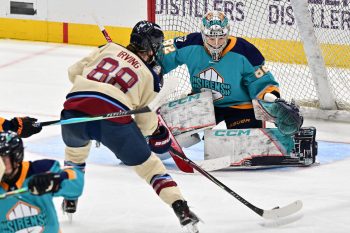 WASHINGTON DC, JANUARY 18: Forward Skylar Irving (88) of the Montreal Victoire skates in alone against Goaltender Kayle Osborne (82) of the New York Sirens during the third period of the PWHL Takeover Tour game between the Montreal Victoire and New York Sirens on January 18, 2026 at Capital One Arena in Washington, DC. (Photo: Robert Raymer)