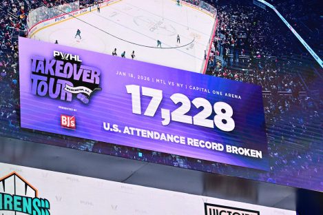 WASHINGTON DC, JANUARY 18: The PWHL Takeover Tour game between the Montreal Victoire and New York Sirens on January 18, 2026 at Capital One Arena in Washington, DC set the record for attendance for a Professional Women’s Hockey game played in the United States.(Photo: Robert Raymer)