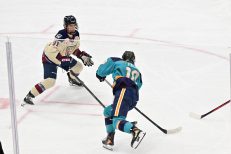 WASHINGTON DC, JANUARY 18: Forward Sarah Fillier (10) of the New York Sirens skates in against Defender Maggie Flaherty (91) of the Montreal Victoire during the third period of the PWHL Takeover Tour game between the Montreal Victoire and New York Sirens on January 18, 2026 at Capital One Arena in Washington, DC. (Photo: Robert Raymer)