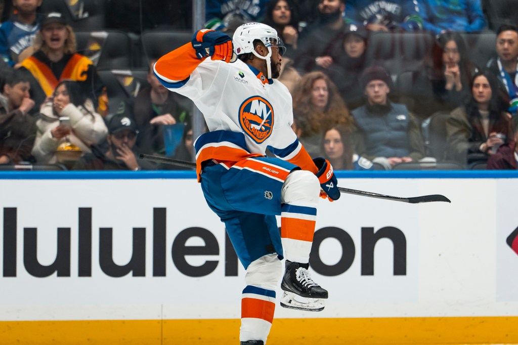 New York Islanders forward Anthony Duclair (11) celebrates after scoring a goal against the Vancouver Canucks during the first period Rogers Arena.