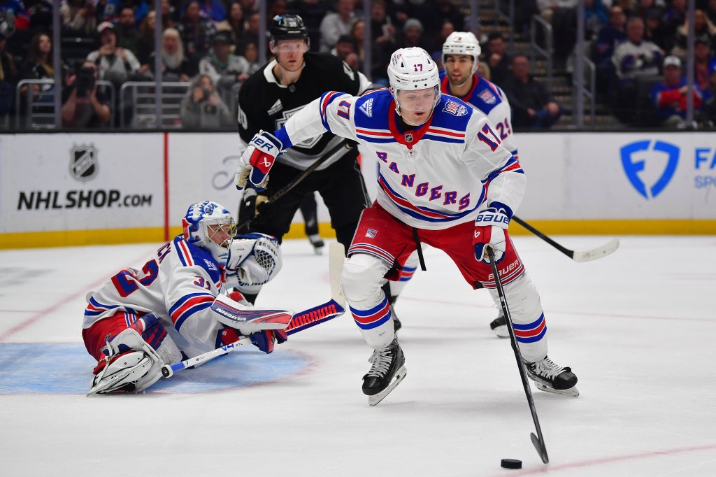New York Rangers defenseman Will Borgen (17) moves the puck against the Los Angeles Kings during the second period at Crypto.com Arena. Mandatory