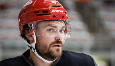 Calgary Flames' Rasmus Andersson (4) looks on during NHL training camp in Calgary, Alberta, Thu ...