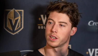 Las Vegas Golden Knights' Mitch Marner answers questions during a media availability in To ...