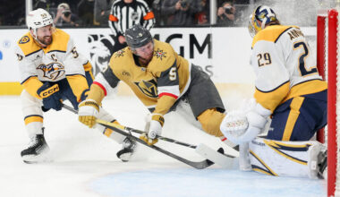 Vegas Golden Knights defenseman Jeremy Lauzon (5) collides into Nashville Predators goaltender ...
