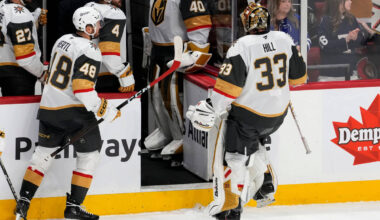 Vegas Golden Knights goaltender Adin Hill (33) skates off the ice after the team's loss to the ...
