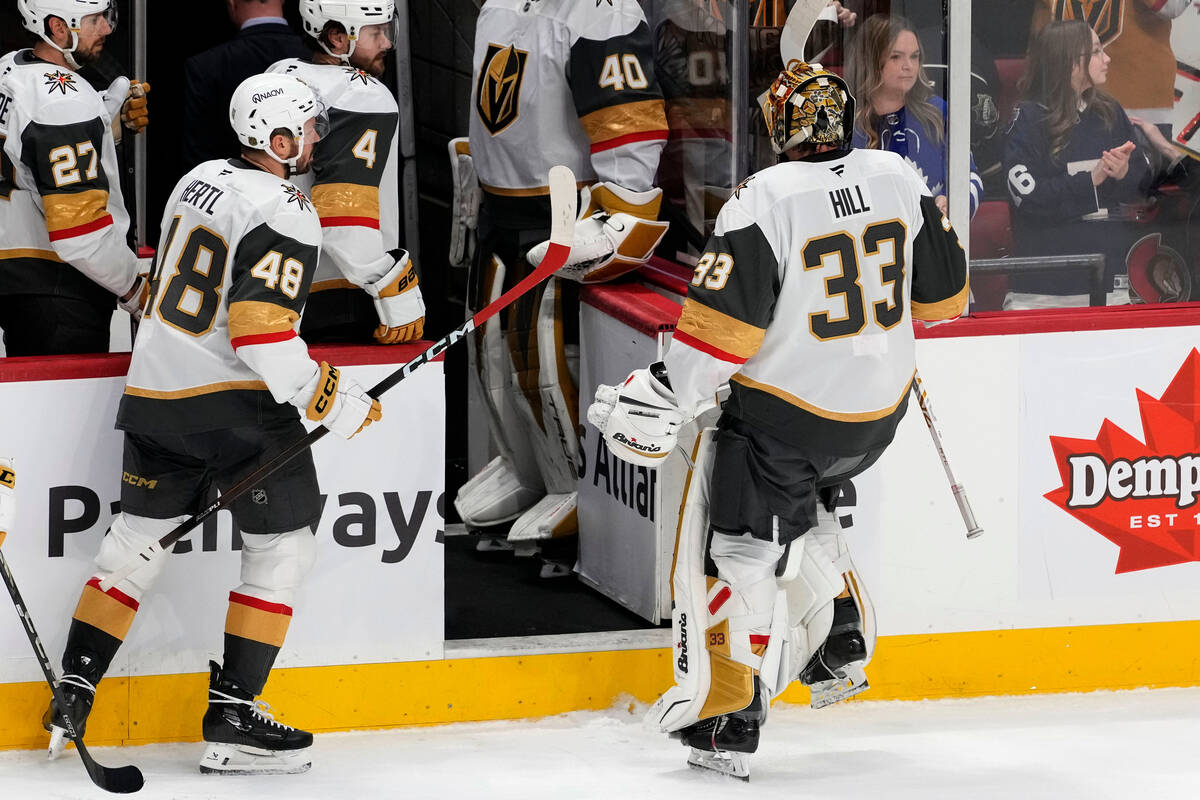 Vegas Golden Knights goaltender Adin Hill (33) skates off the ice after the team's loss to the ...