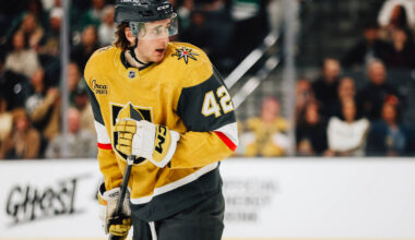 Golden Knights right wing Braeden Bowman (42) looks back after a missed shot by his teammate, G ...